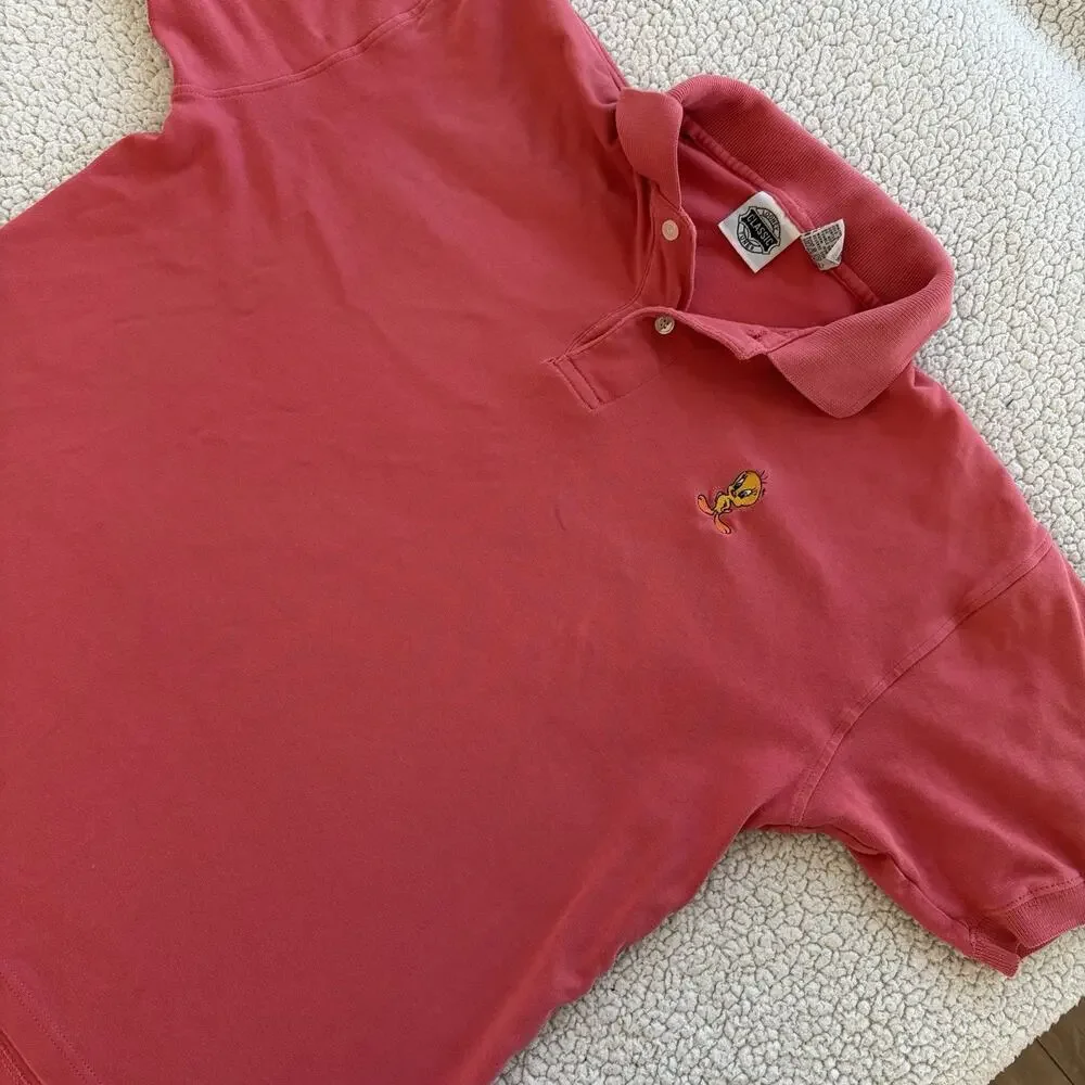Vintage Looney Tunes Tweety Bird Embroidered Polo Shirt‎ - Medium Red